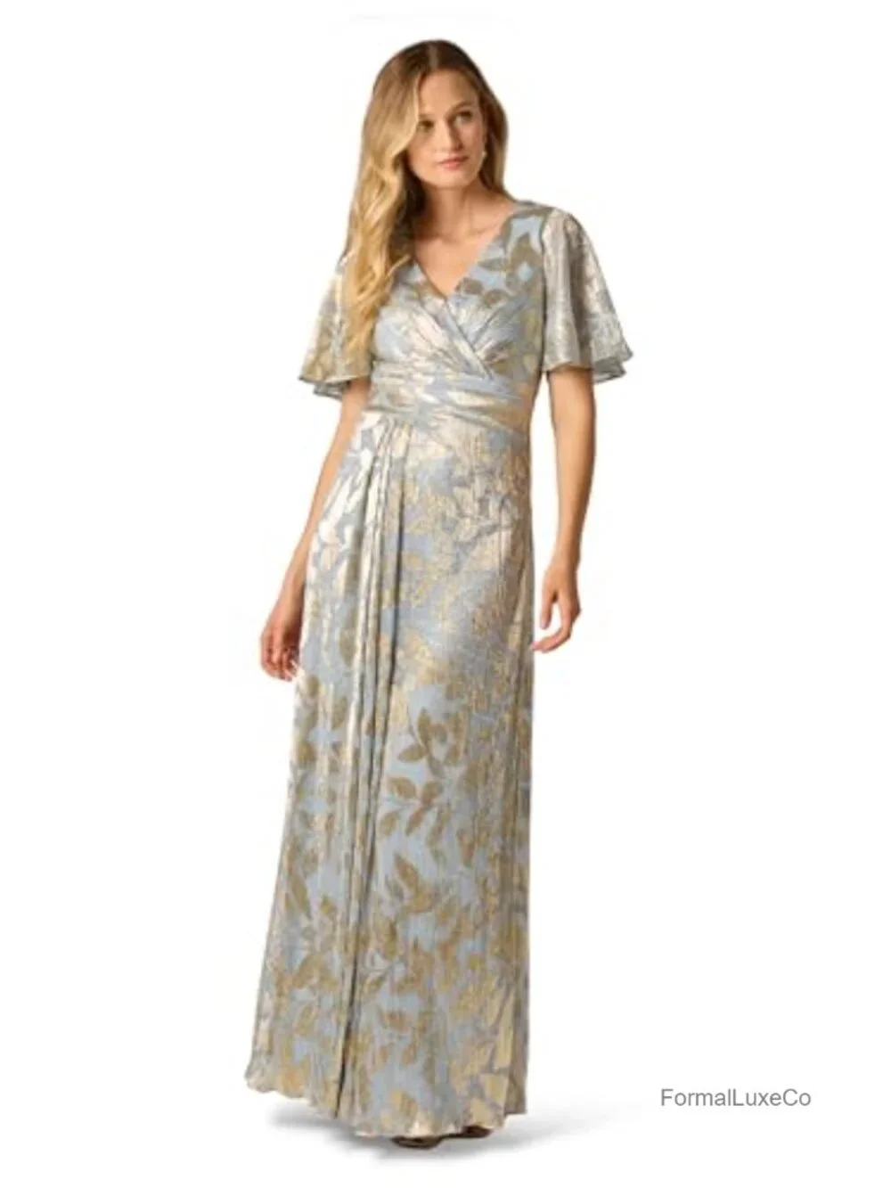 Foil Leaf Draped Gown Maxi Formal Dress Metallic Knit Surplice Neck Short